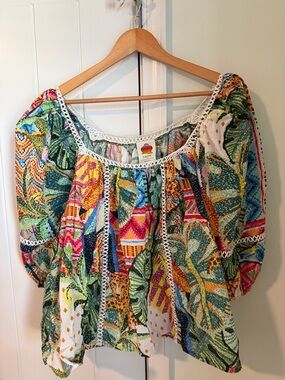 FARM Rio Tropical Multicolor Peasant Top in Green, Yellow & Pink